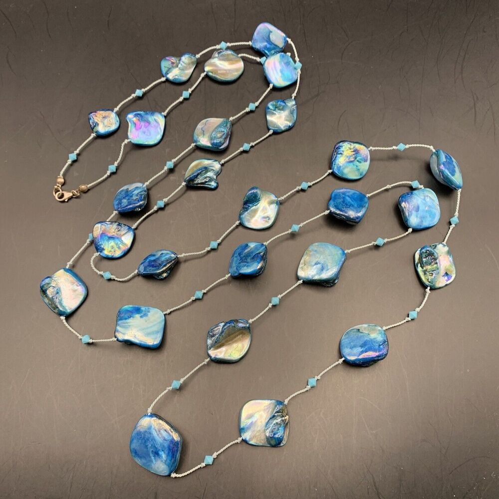 Extra Long Blue Shell Necklace Dyed Nugget 56 Inch